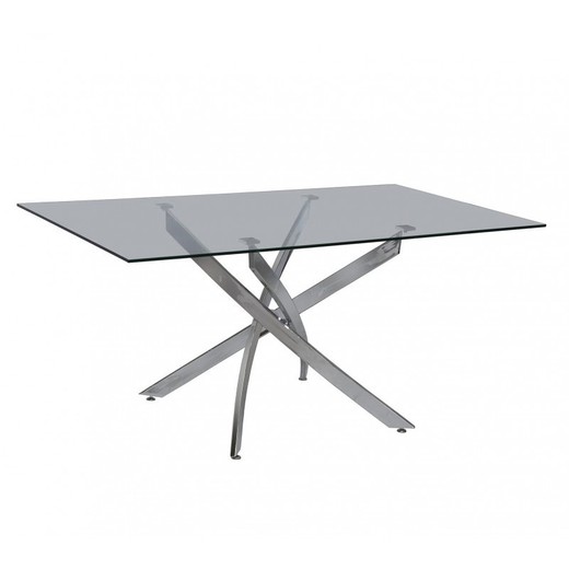 Chantal Square Dining Table in Tempered Glass and Transparent/Silver Metal, 150x90x75 cm