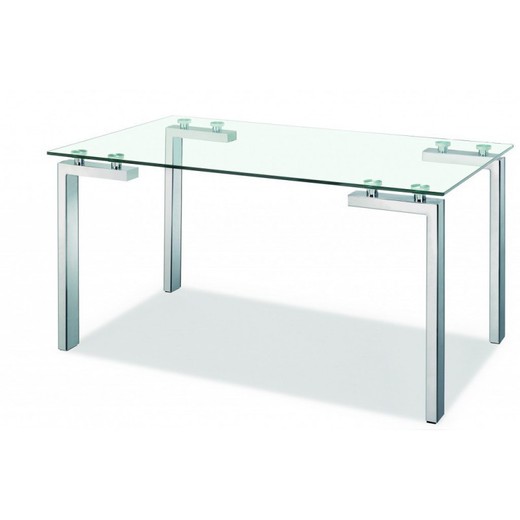 Table à Manger Carrée Lainey en Verre Trempé et Acier Inoxydable Transparent/Argent, 140x80x75 cm