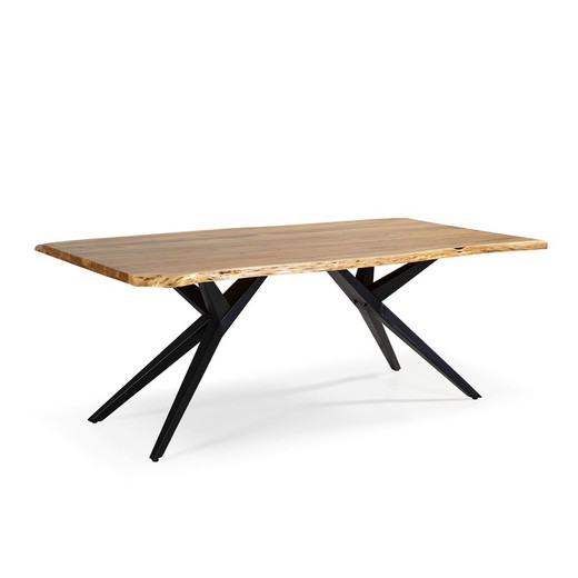 Stół do jadalni z akacji i metalu w kolorze naturalnym i czarnym, 200 x 100 x 76 cm | Mudri