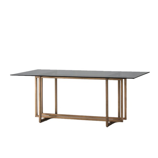 Mesa de jantar de vidro e metal fumê/dourado, 190x100x75cm