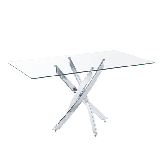 Transparent/silver matbord i glas och metall, 150 x 90 x 75 cm | åska
