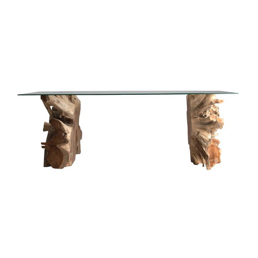 Mesa de jantar de vidro de raiz de teca e carriça, 240x100x78cm