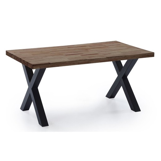 Dębowo-metalowy stół do jadalni w kolorze ciemnym naturalnym i czarnym, 160 x 90 x 76 cm | x-loft