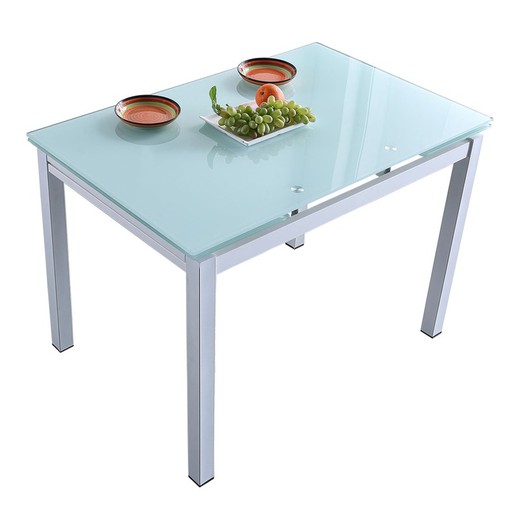 Table à manger extensible en verre et métal blanc, 110/170 x 70 x 75 cm | Milan