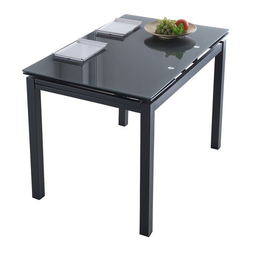 Utdragbart matbord i glas och grå metall, 110/170 x 70 x 75 cm | Milano