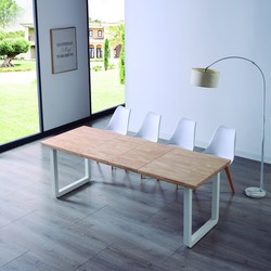 Mesa comedor extensible de madera natural y metal blanco, 140-180/220 x 80  x 77 cm