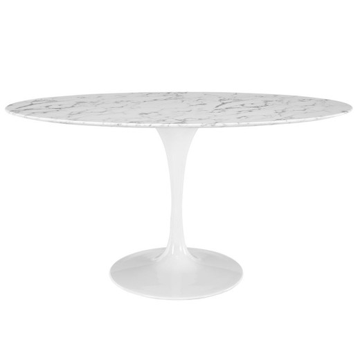 Mesa de jantar oval de mármore branco e tule de fibra de vidro, 160x90x76 cm