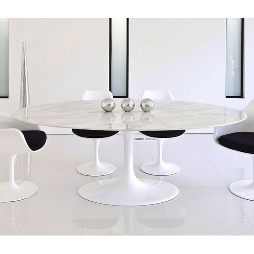 Ovalt tyl marmor og hvidt glasfiber spisebord, 180x108x74 cm