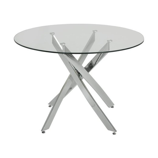 Chantal Round Dining Table in Tempered Glass and Transparent/Silver Metal, Ø100x75 cm