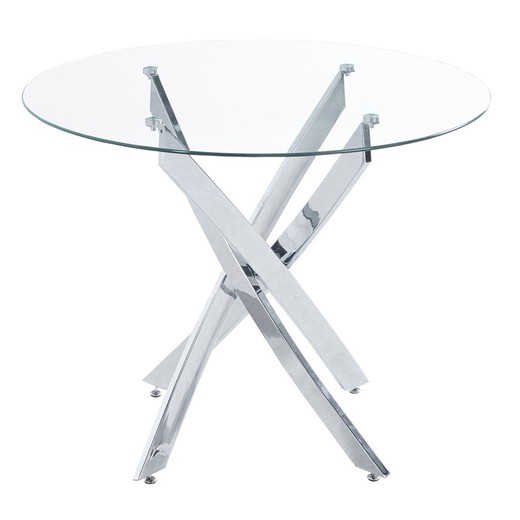 Round glass dining table in transparent and silver, Ø 100 x 75 cm | Thunder