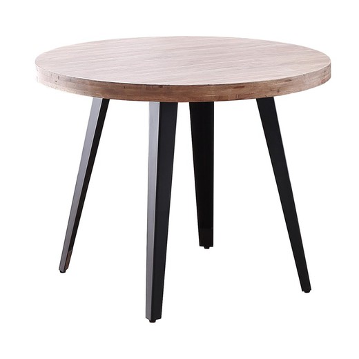 Round oak and metal dining table in natural and black, Ø 100 x 46 cm | Berg