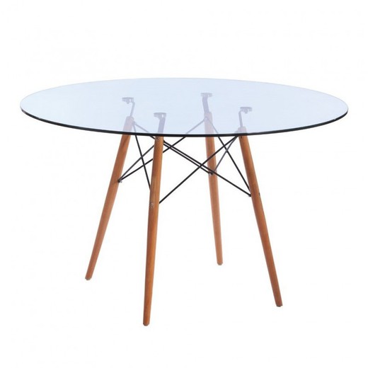 Table à manger ronde Tower en verre trempé et bois de hêtre transparent/naturel, Ø120x73 cm