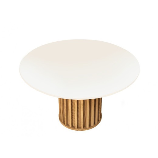 Table à manger ronde Virginia en blanc/bois naturel et verre, Ø136x79'6 cm