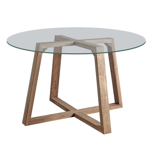 Stół do jadalni Scarpa z przezroczystego szkła i naturalnej akacji, Ø130x76 cm