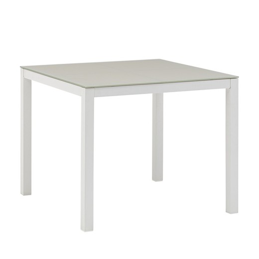 Vierkante aluminium en glazen tafel in wit en grijs, 90,2 x 90,2 x 74 cm | Adin