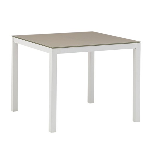 Kwadratowy stół z aluminium i szkła w kolorze białym i taupe, 90,2 x 90,2 x 74 cm | Adin