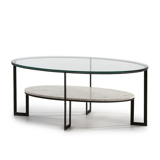 Tavolino 107x71x44 vetro / marmo bianco / metallo marrone scuro