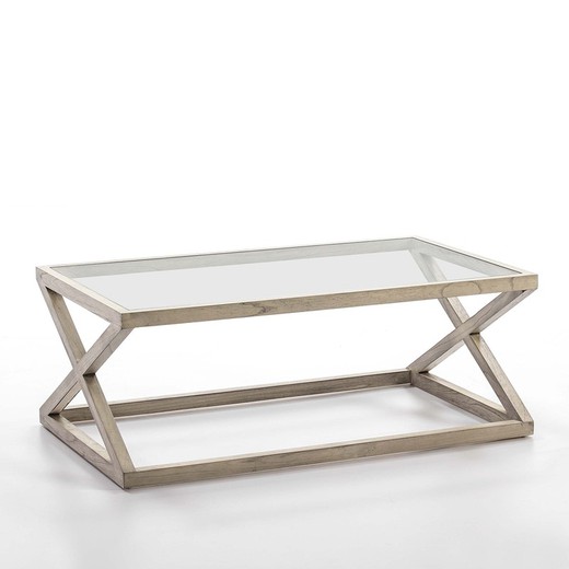 Mesa de centro cristal y madera gris velado 120x70x45 cm