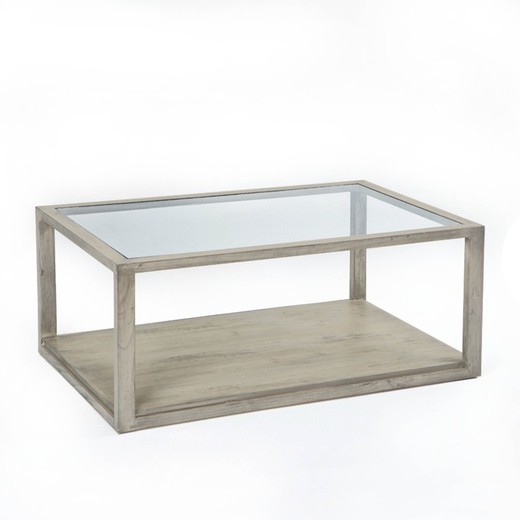 Mesa de centro cristal y madera gris velado, 110x70x45, de cm