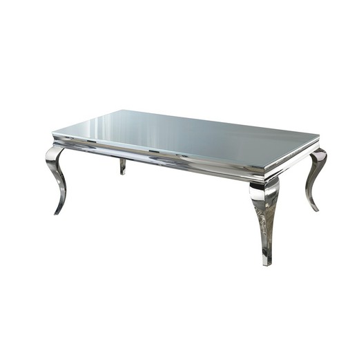 Table basse en acier inoxydable et verre baroque argenté, 132x72x41cm
