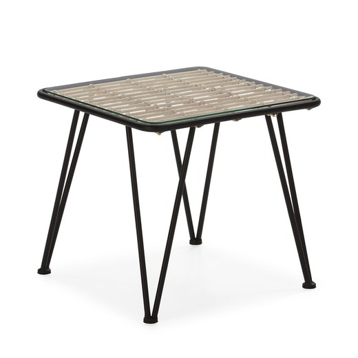 Table basse en verre, métal noir et rotin naturel, 51x51x46 cm