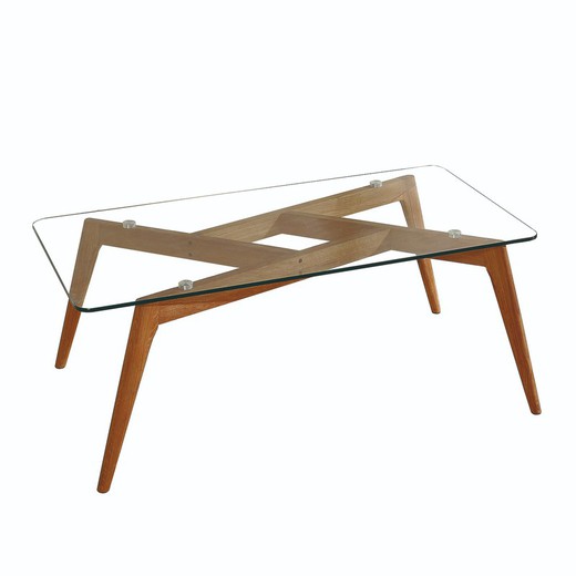 Mesa de Centro de Cristal Templado y Madera de Fresno 120x70x45 cm