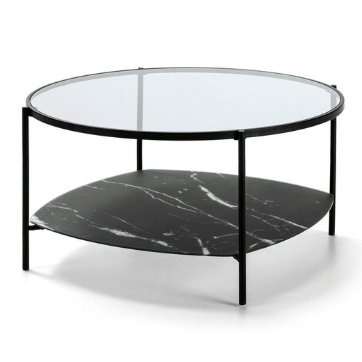 Table basse en verre et base effet marbre noir, Ø86 x 43 cm