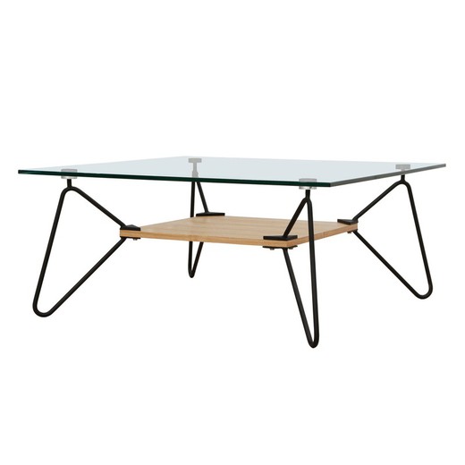 Glass coffee table and wooden and metal frame, 80 x 80 x 35 cm