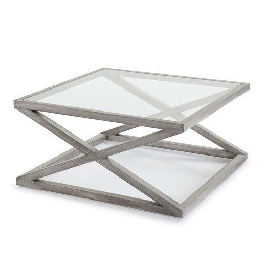 Gesluierde salontafel van grijs hout en glas, 90x90x45 cm