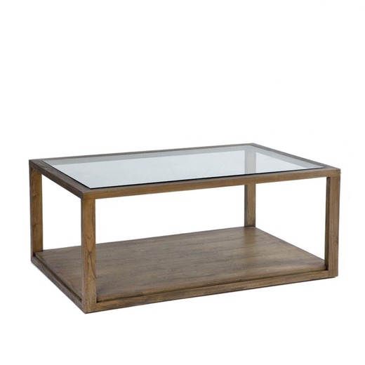 Slöjt soffbord av naturligt trä och glas, 110x70x45 cm