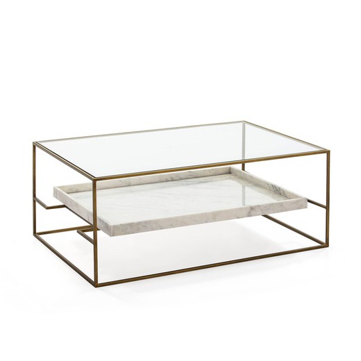 Vitt/guld soffbord i glas och marmor, 111x76x45cm