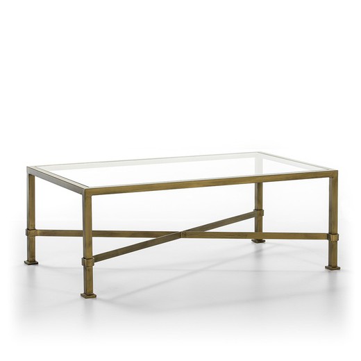 Antiek goud metalen en glazen salontafel, 120x70x45 cm