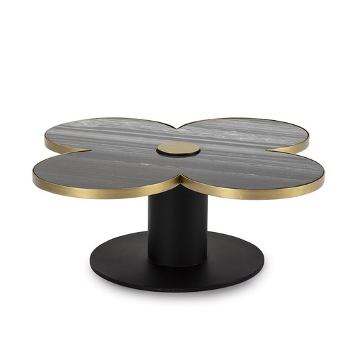 Tavolino in Granito Nero e Metallo Oro/Nero, 91x91x33 cm