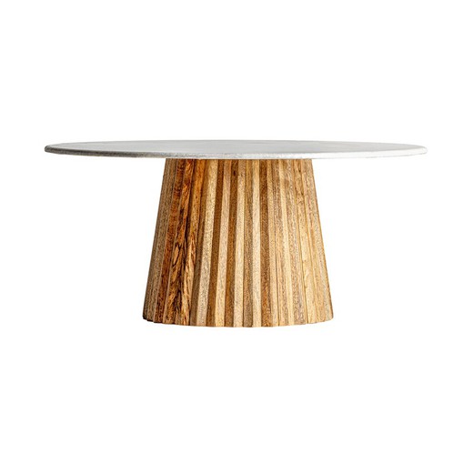 Mesa de centro de madeira de manga plissado branco/madeira, Ø100x49cm
