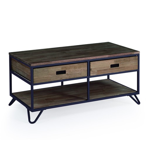 Dark natural/black wood and metal coffee table, 100 x 50 x 46 cm | Industrial
