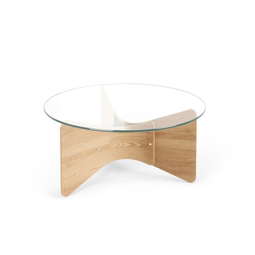 Glass and eucalyptus coffee table in natural and transparent, Ø 90 x 17 cm | Wood