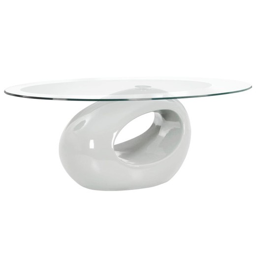 Glazen salontafel en wit glasvezel onderstel, 110 x 60 cm