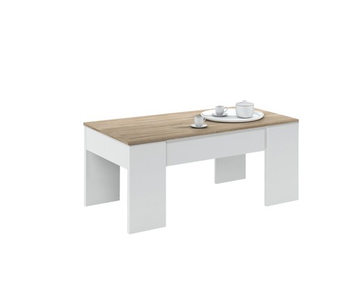 White and oak-colored lift-up coffee table, 100 x 50 x 45/56 cm