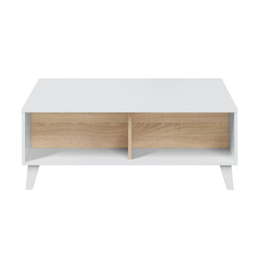 Table basse relevable en finition blanc brillant et chêne, 100 x 68 x 38 cm