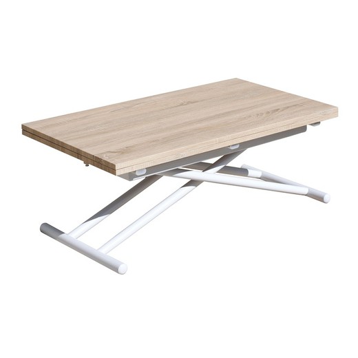 In hoogte verstelbare en uitschuifbare salontafel in naturel/wit hout en metaal, 100 x 50/100 x 48/74,5 cm | op neer