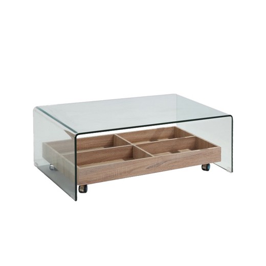 Coffee table in tempered glass and wood, 110 x 55 x 35 cm