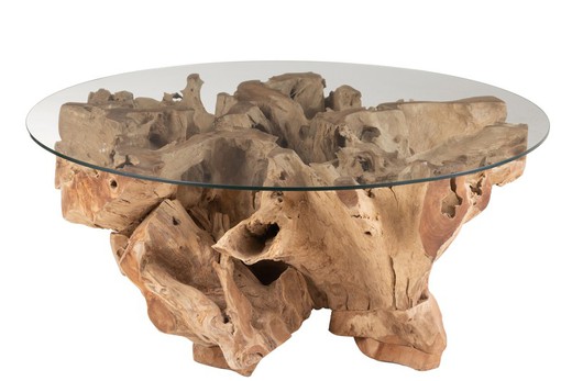 L RAOUL Tavolino in Teak e Vetro Naturale, Ø110x45 cm