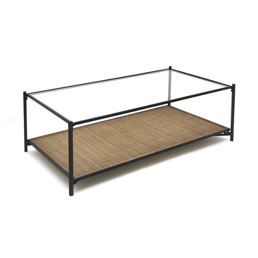 Oksama sofabord i metal, glas og sort/naturrattan, 110x60x40 cm