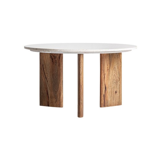 Table basse ronde en terrazzo et bois de manguier blanc et naturel, 80 x 80 x 47 cm | Arlanc