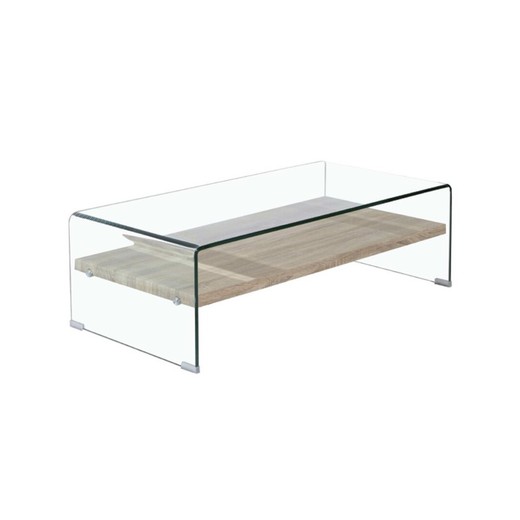 Sidney coffee table in tempered glass. Wooden shelf 110 x 55 x 35 CM