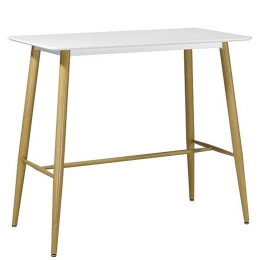 Table à manger haute laquée blanche et structure en métal finition bois, 120 x 60 x 106 cm