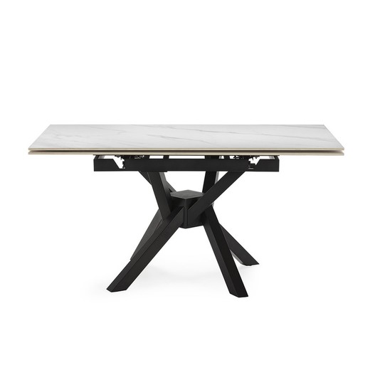 Mesa de comedor cuadrada extensible de piedra sintetizada y metal en blanco y negro, 90-150 x 90-150 x 76 cm | Arlene