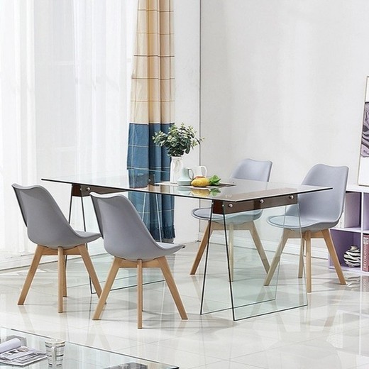 Tempered glass and wood dining table, 200 x 90 x 76 cm