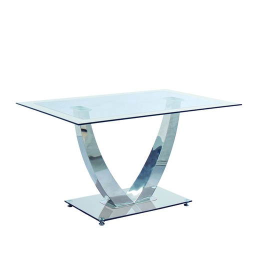Mesa de jantar em vidro temperado e metal transparente, branco e cromado, 140 x 90 x 75 cm | Dubai