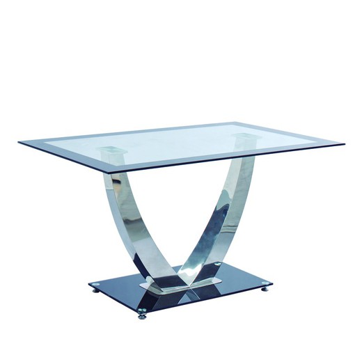 Hærdet glas og metal spisebord i transparent, sort og krom, 140 x 90 x 75 cm | dubai